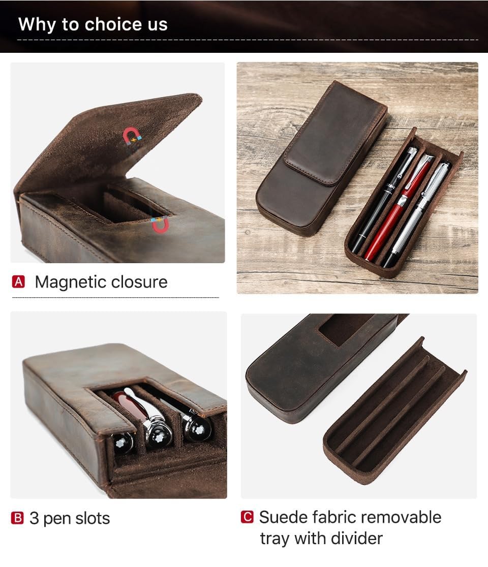 3/12 Leather Pen Case Pack Handmade Drawer Style Detachable Magnetic Pen Case (3 BROWN)…