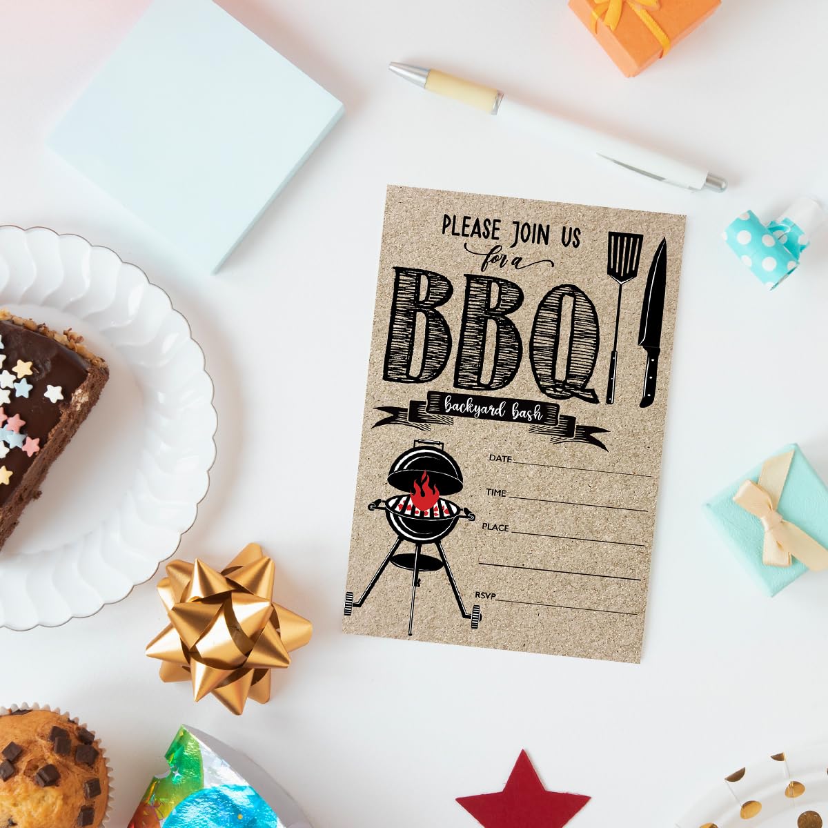 UDNADKEX BBQ Party Invitations with Envelopes, Summer Barbecue Cookout Party Invite Cards, Backyard BBQ Invites for Housewarming Birthday Party, 4"x6" Set of 20