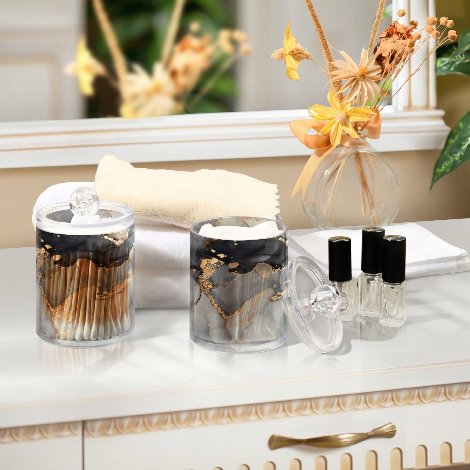 Gredecor 4 Pack Marble Decorative Apothecary Jars Marbled Blue and Golden Abstract Background Qtip Holder Organizer Clear Canister for Cotton Swabs Storage Acrylic Plastic Jar with Lids