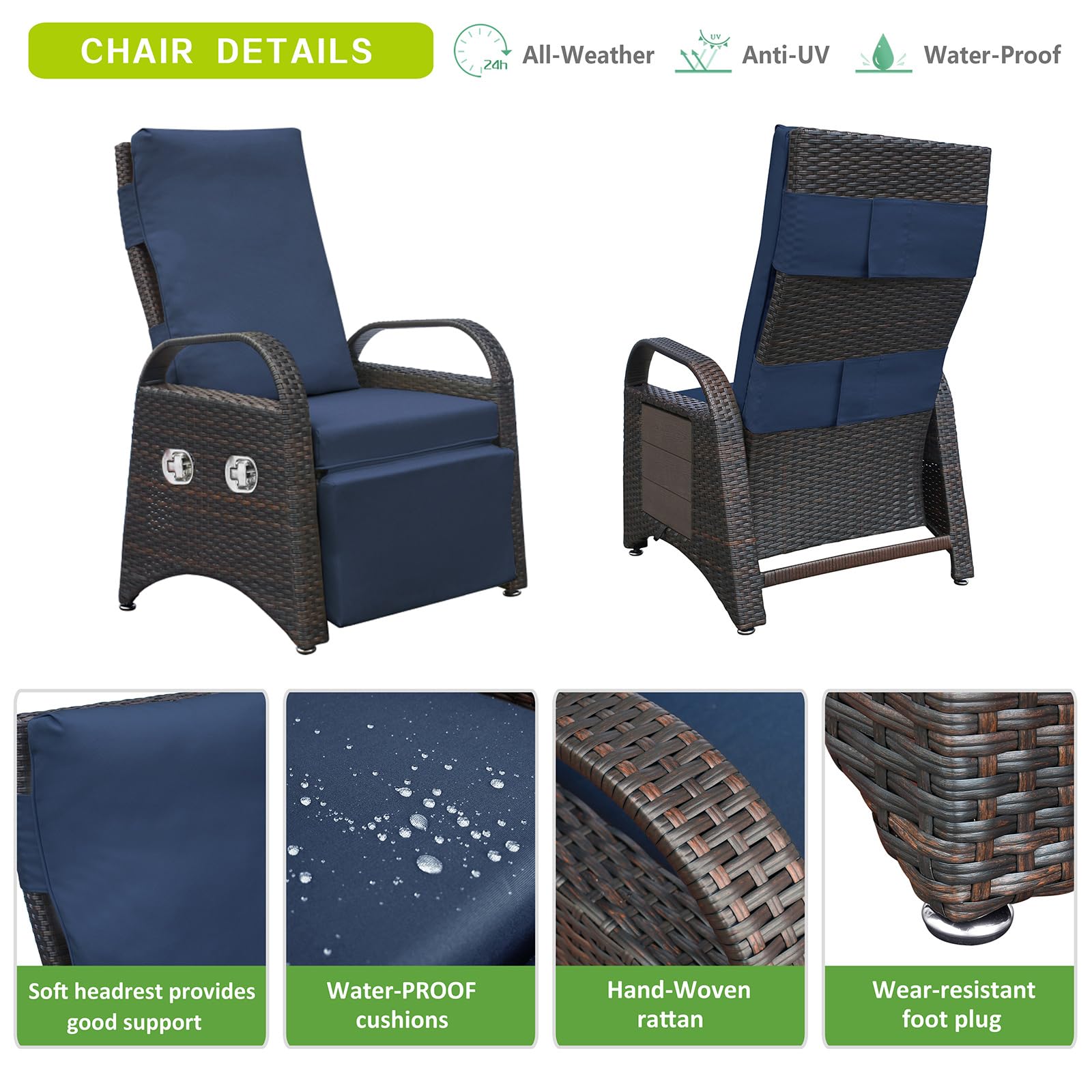 Comfortable Leisure Recliner Chair, Wicker Suitable for Multi-Scene Use for Garden Relaxation, Adjusted from Multiple Angles, Ergonomic Design Multi-Functional Chair (Brown+NavyBlue)