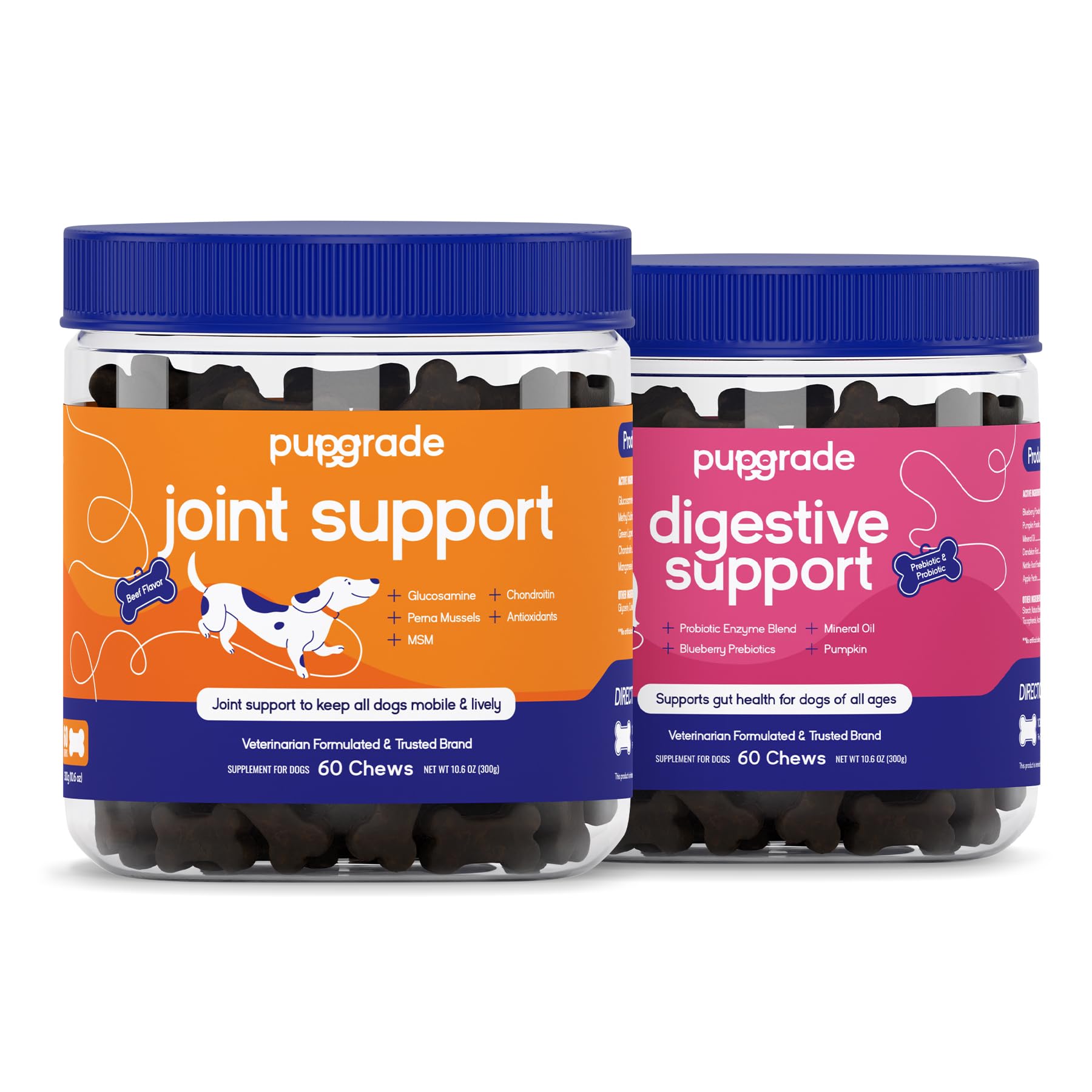 PupGrade 2-Pack Joint Support & Digestive Support Chews for Dogs - Soft Chews for Hip and Joint Pain Relief - Supplement with Probiotics, Prebiotics, Enzymes - 120 Chews Total