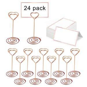 24pcs rose gold table place card holder and 24pcs place cards with rose gold foil border for wedding, restaurants, banquets and dinner parties, 3.35inch strong table sign stand perfect for photo,