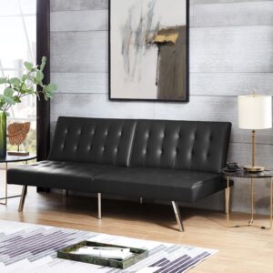 Naomi Home Tufted Split Back Futon Convertible Sofa Bed, Futon Couches for Living Room, Faux Leather Futon Couch Bed with Chrome Legs, Folding, Reclining Small Convertible Sofa Bed, Black