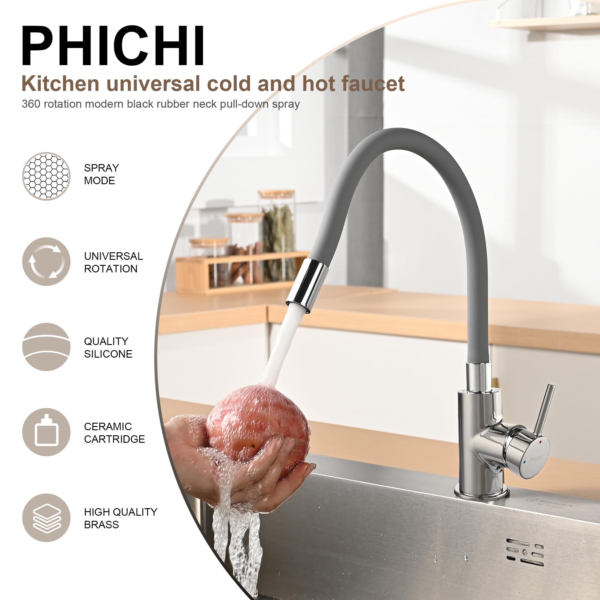 PHICHI Pull Out Kitchen Sink Faucet, 360° Free Bending Kitchen Faucet, Adjustable Sink Kitchen Faucet,Hot and Cold Kitchen Faucet, Universal Foaming Pipe,Grey