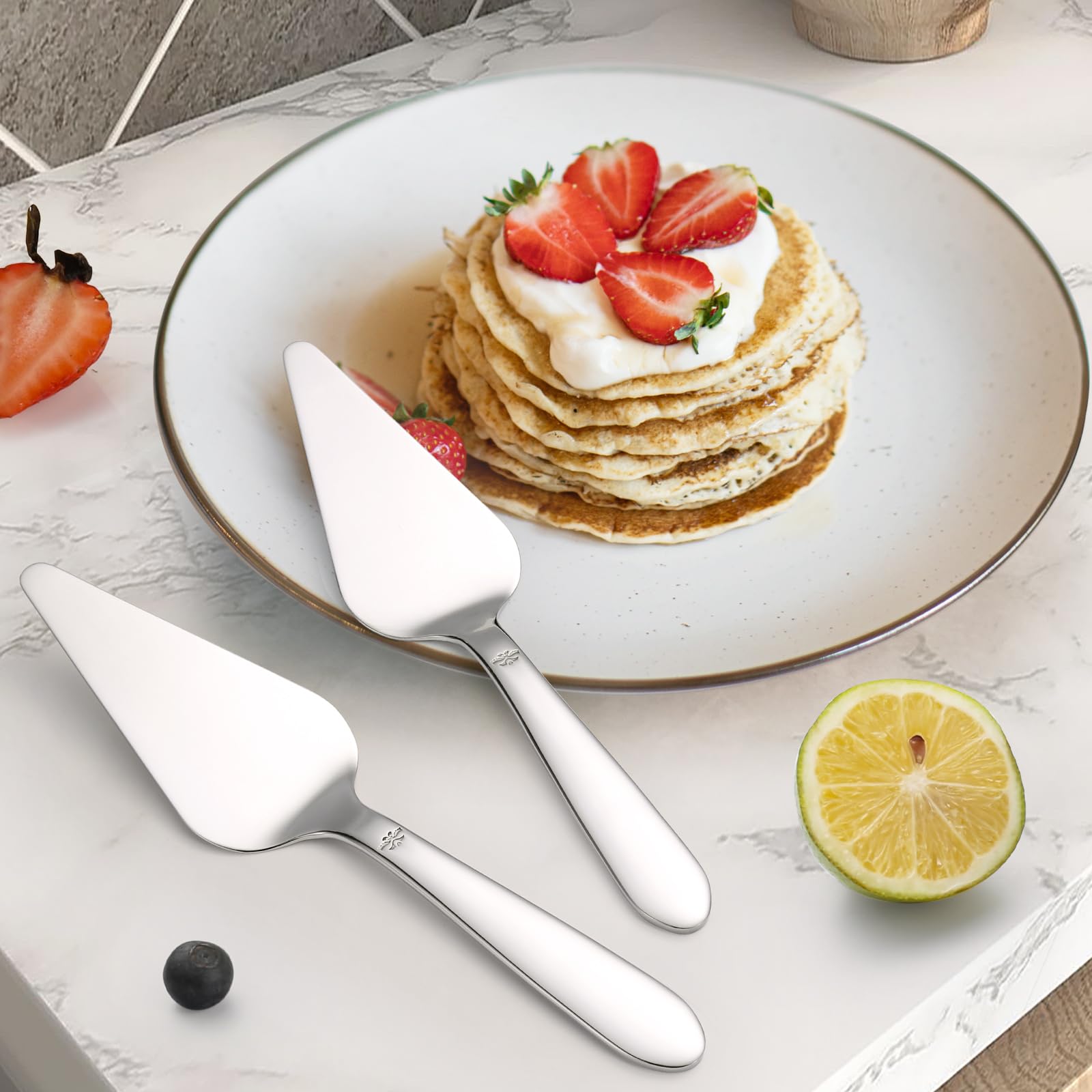 Amrules Cake Server, Wedding Cake Cutting Set 2 Piece Cake Cutter, Durable Stainless Steel Pie Server with Smooth Edge and Exquisite Pattern Design for Pastry Pizza Dessert, Silver