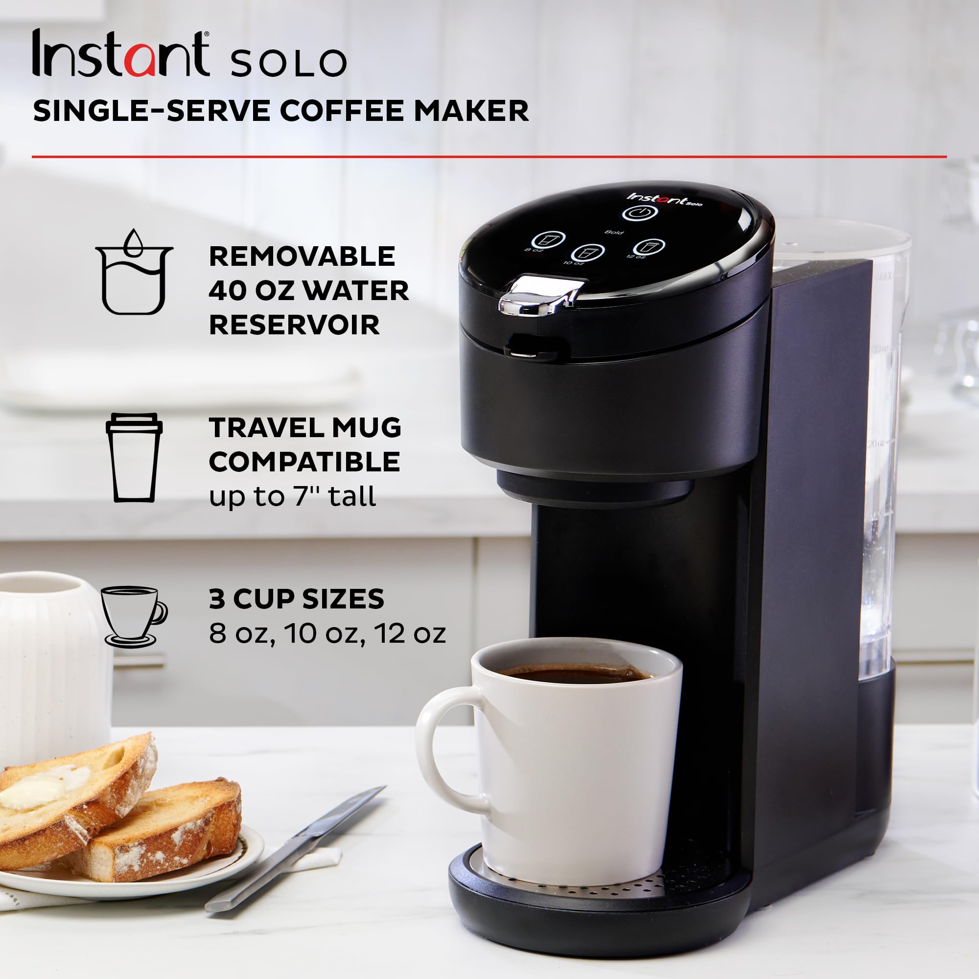 Instant Solo Single Serve Coffee Maker, From the Makers of Instant Pot, K-Cup Pod Compatible Coffee Brewer, Includes Bold Setting and 40oz. Water Reservoir, Brew 8 to 12oz., Black