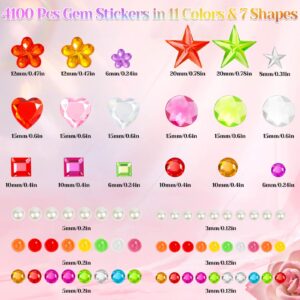 ROADPLUM 4100Pcs Gem Stickers for Crafts, 10 Sheets Self Adhesive Gemstones Pearl Jewels Stickers for Kids Crafts, Stick on Gems Pearls for Hair, Bling Rhinestone Stickers for Decoration