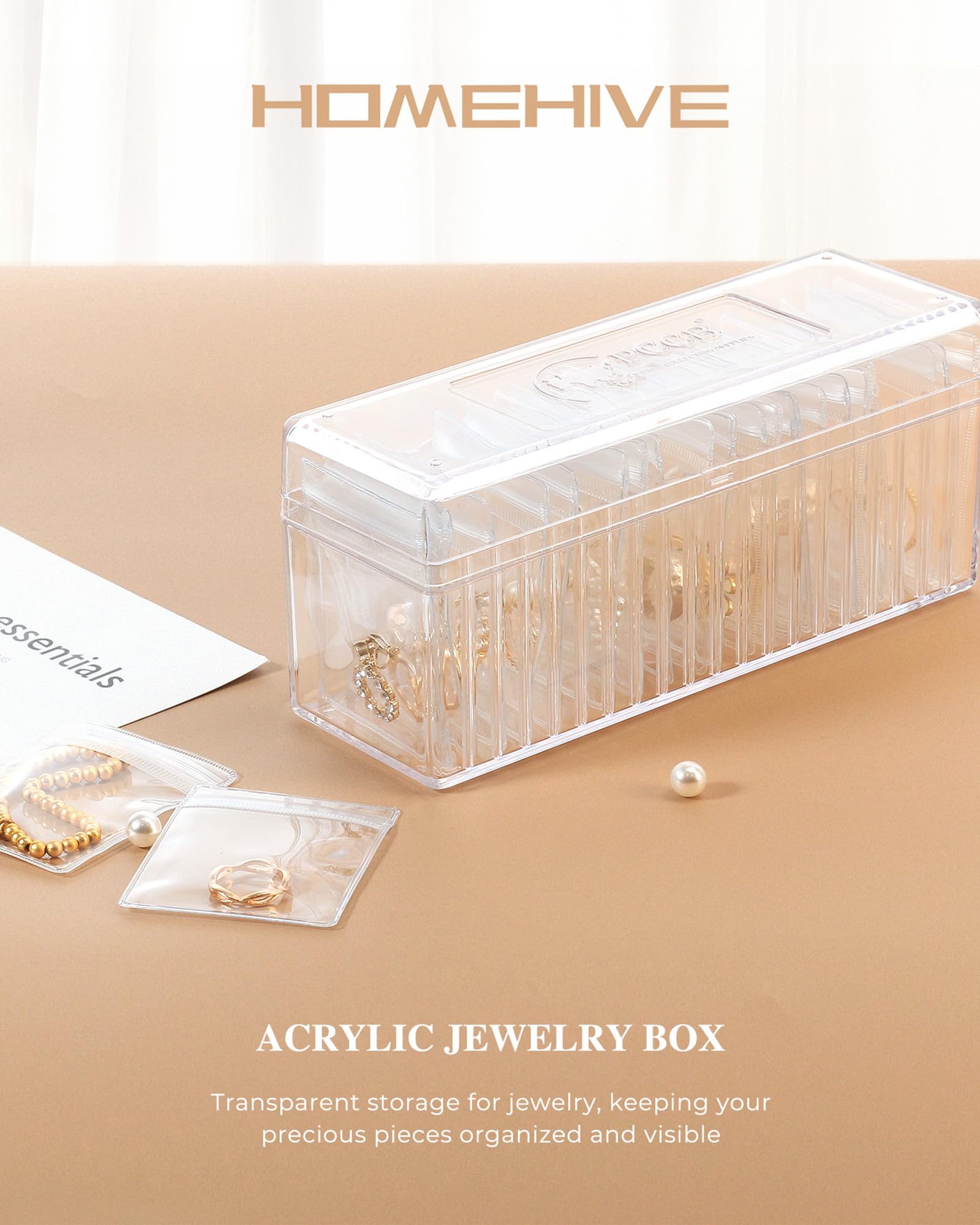 HOMEHIVE Acrylic Jewelry Box Organizer, Clear Jewelry Organizer and Storage with 20 Portable Anti Tarnish Jewelry bags, Travel Jewelry Case for Earrings/Rings/Necklaces Gift for Women Girls, Clear