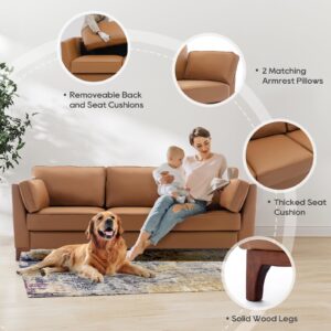 COLAMY Faux Leather Sofa Couch, Modern 3-Seater Couch for Living Room/Small Space/Bedroom, Comfy Couch with Solid Wooden Frame and Metal Legs, Brown