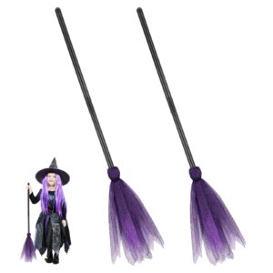 dechous 2pcs halloween witch brooms, kids witch broomstick costume props, 35in small halloween broomstick decor wizard flying broom purple witch broom for party cosplay halloween