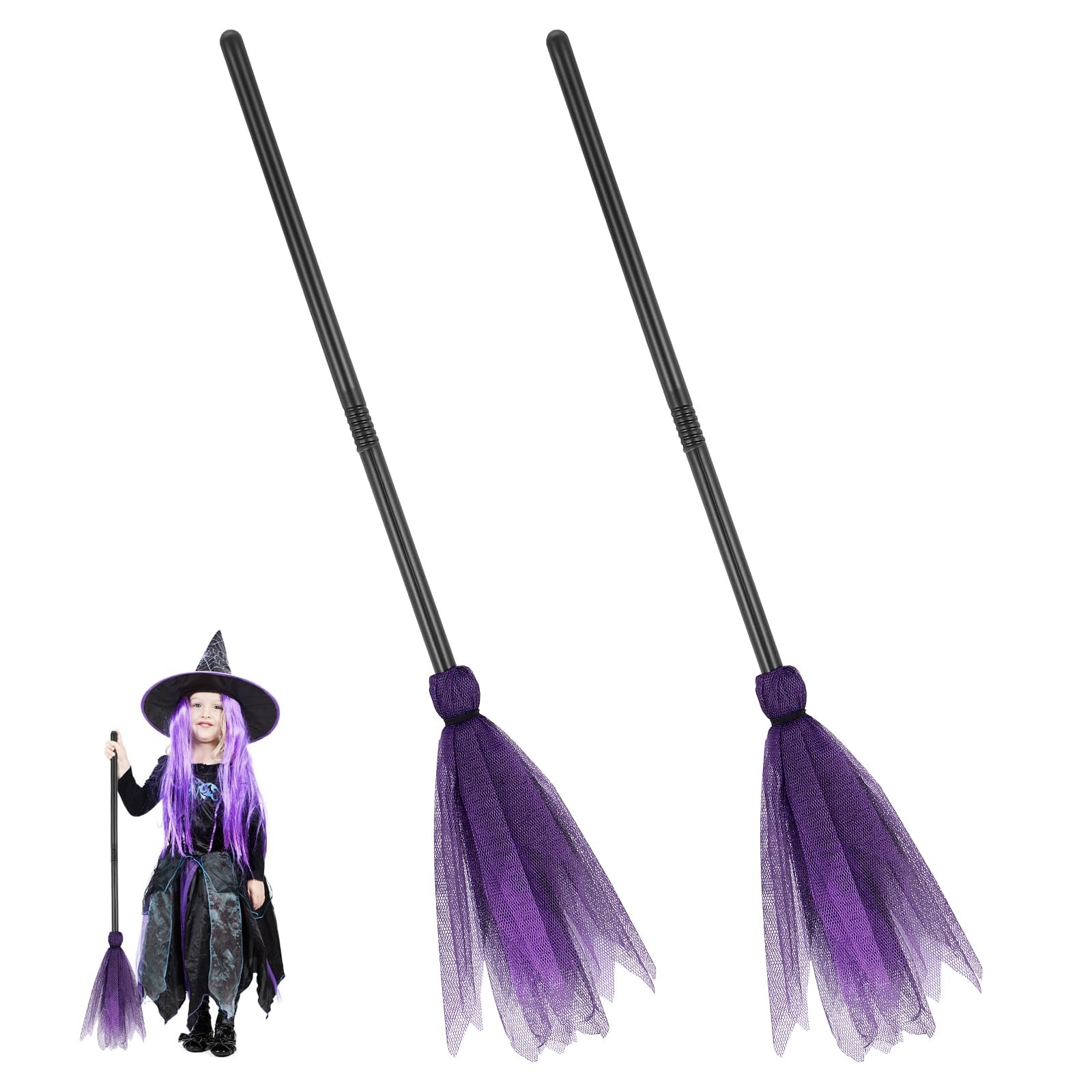 DECHOUS 2Pcs Halloween Witch Brooms, Kids Witch Broomstick Costume Props, 35in Small Halloween Broomstick Decor Wizard Flying Broom Purple Witch Broom for Party Cosplay Halloween