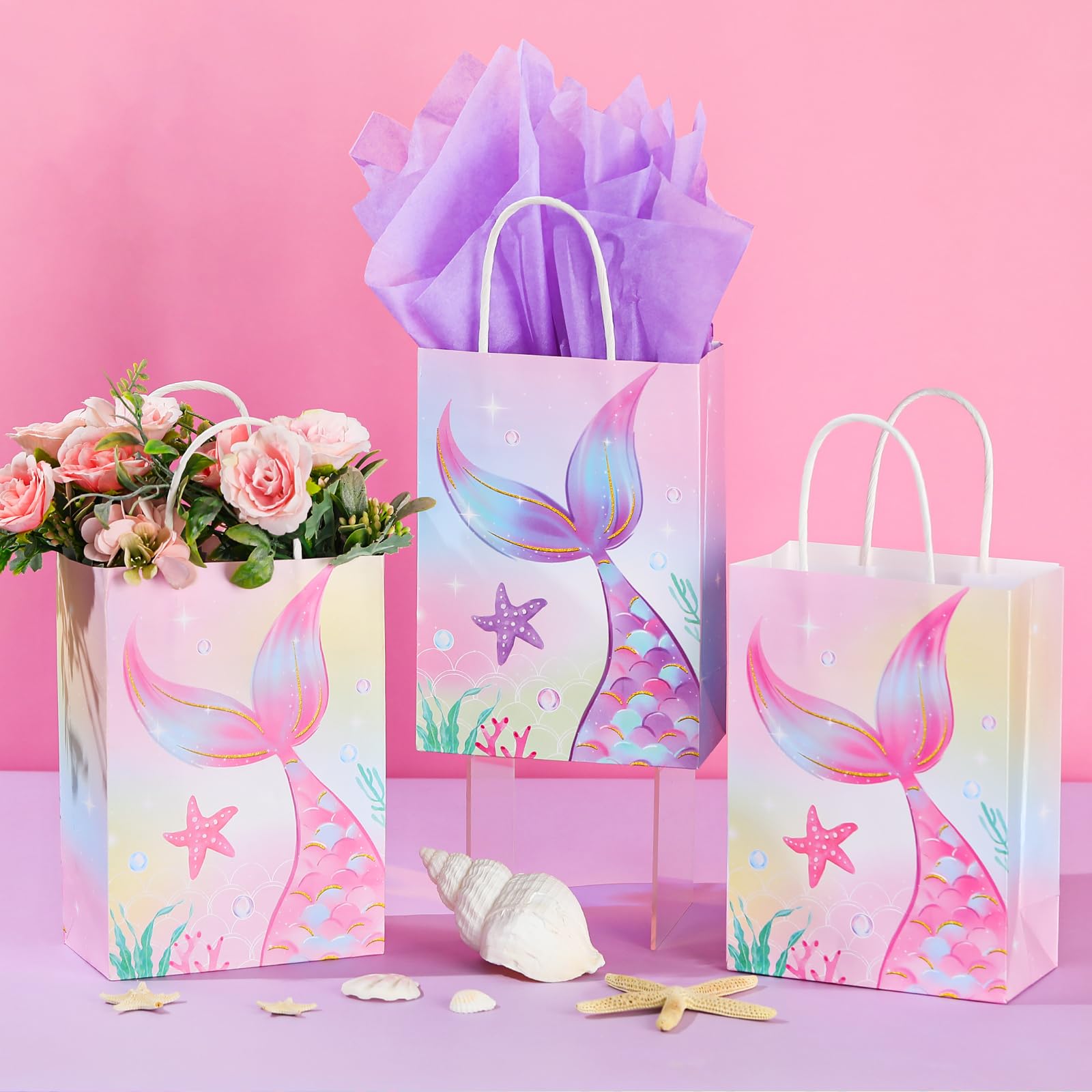 Liliful 16 Pcs Mermaid Birthday Gift Bags with Tissue Paper Mermaids Theme Party Favor Bags Goodie Candy Treat Bags for Birthday Mermaids Themed Decorations