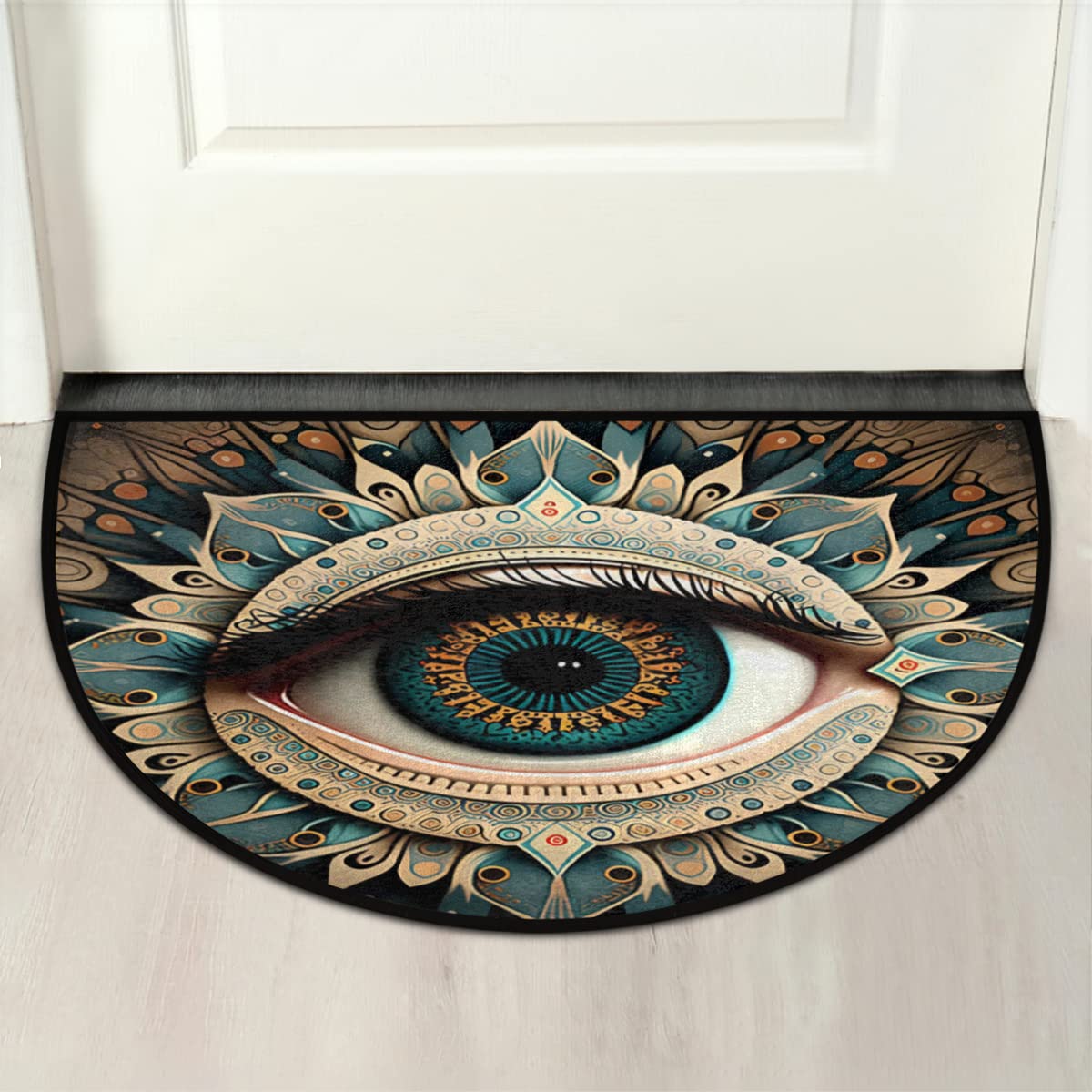 Evil Eye Half Round Doormat Boho Eye Semi Circle Area Rug Non Slip Indoor Outdoor Entrance Half Moon Rug Absorbent Durable Washable Front Floor Mat for Kitchen Bedroom Patio Fireplace Eye Pad