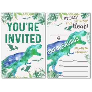 soiceu green dinosaur 1st birthday party invitations with envelopes set of 20 one-a-saurus dino dinosaur first birthday invites fill in blank