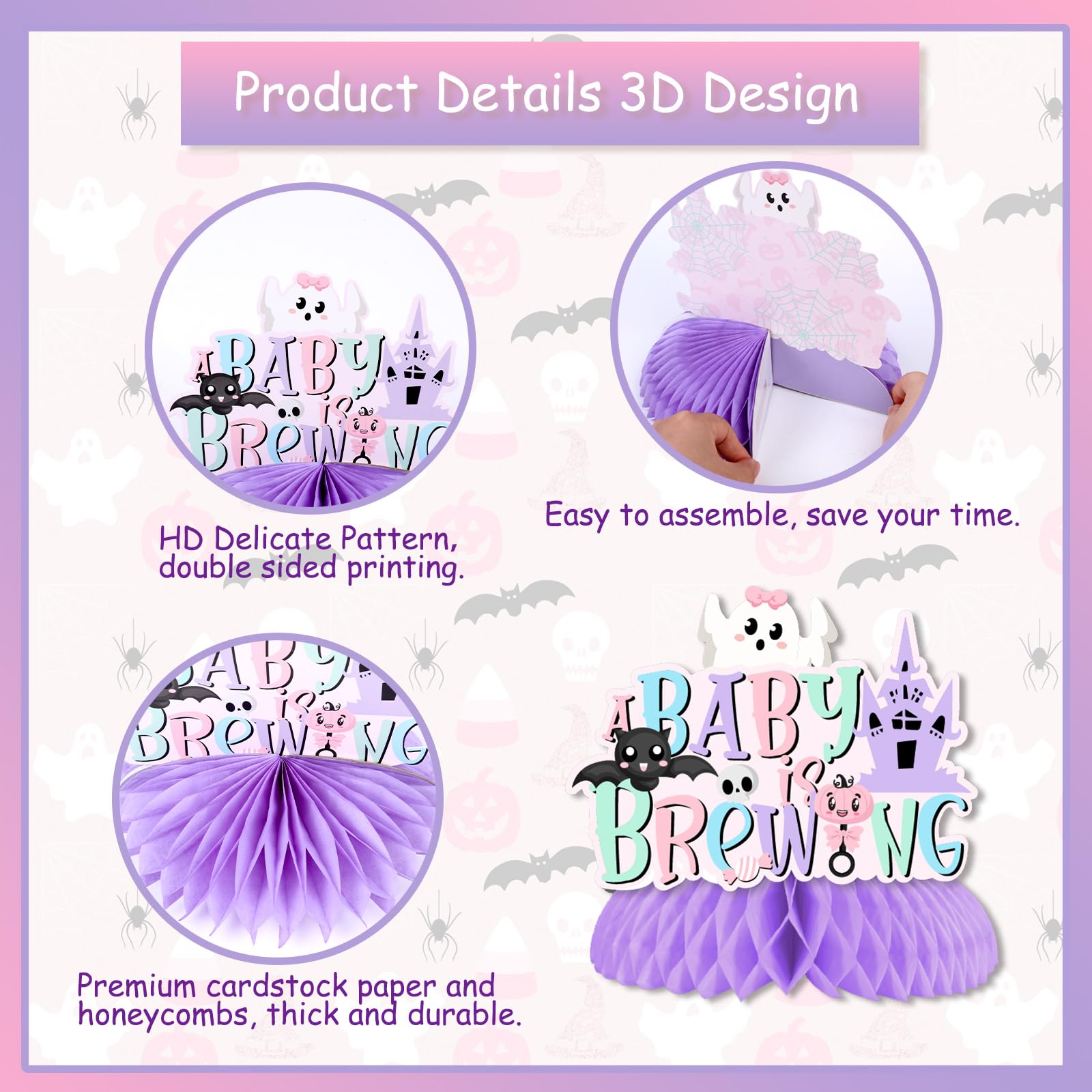 A Baby is Brewing Halloween Baby Shower Decorations - 8 pack Halloween Honeycomb Centerpiece, Pink and Purple Pastel Halloween A Little Boo is Almost Due Baby Shower Decorations for Girl