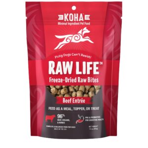 koha raw life freeze-dried raw bites beef for dogs, high protein meal, topper, and treat for picky eaters, 14oz bag