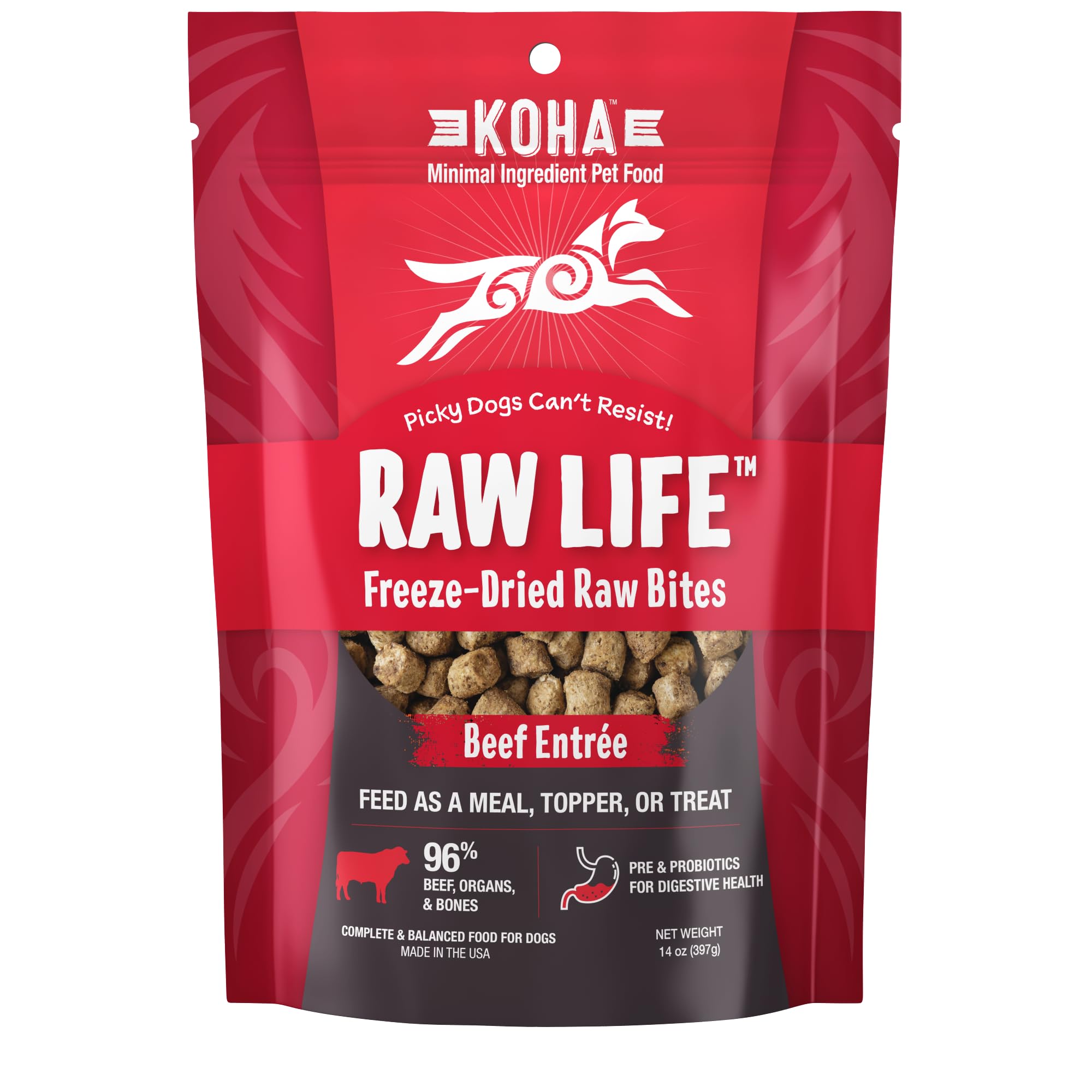 KOHA Raw Life Freeze-Dried Raw Bites Beef for Dogs, High Protein Meal, Topper, and Treat for Picky Eaters, 14oz Bag