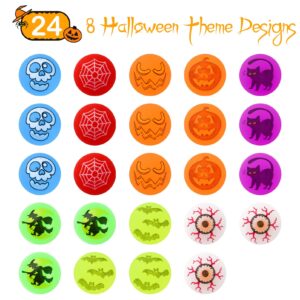 24pcs Halloween Glow in The Dark Bouncing Balls Halloween Theme Designs Bouncy Balls for Halloween Party Supplies（Come with a Pounch Bag）