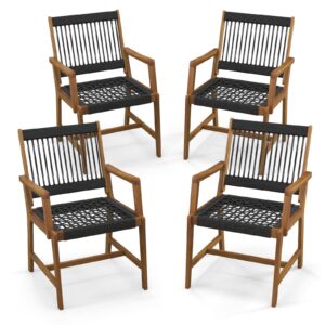 tangkula outdoor acacia wood dining chairs set of 4, all-weather rope woven patio chairs with armrests, outdoor armchairs for patio, lawn, garden, backyard (2)