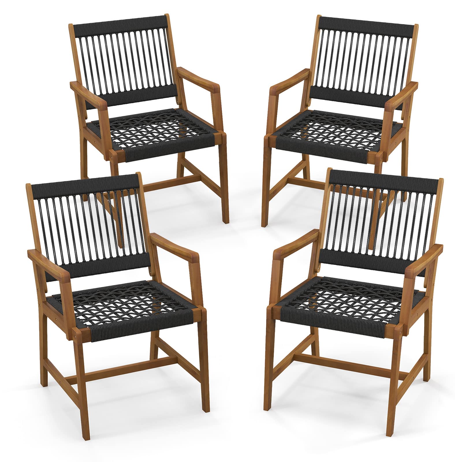 Tangkula Outdoor Acacia Wood Dining Chairs Set of 4, All-Weather Rope Woven Patio Chairs with Armrests, Outdoor Armchairs for Patio, Lawn, Garden, Backyard (2)