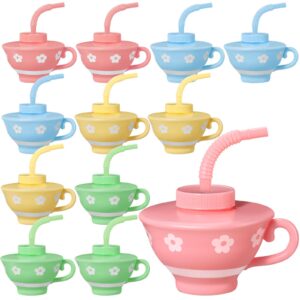 zhehao tea cups with straws and lids, 9 oz plastic tea cups reusable creative party tea cups bulk for kids birthday baby shower princess tea party supplies(12 pieces)