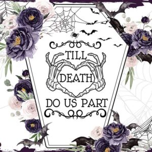 Mocsicka Till Death Do Us Part Backdrop Mr and Mrs Skull Halloween Wedding Party Decoration Flower Coffin Bachelorette Bridal Shower Engagement Party Banner (Purple, 7x5ft(82''x60''))