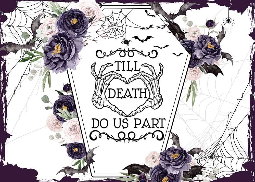 Mocsicka Till Death Do Us Part Backdrop Mr and Mrs Skull Halloween Wedding Party Decoration Flower Coffin Bachelorette Bridal Shower Engagement Party Banner (Purple, 7x5ft(82''x60''))