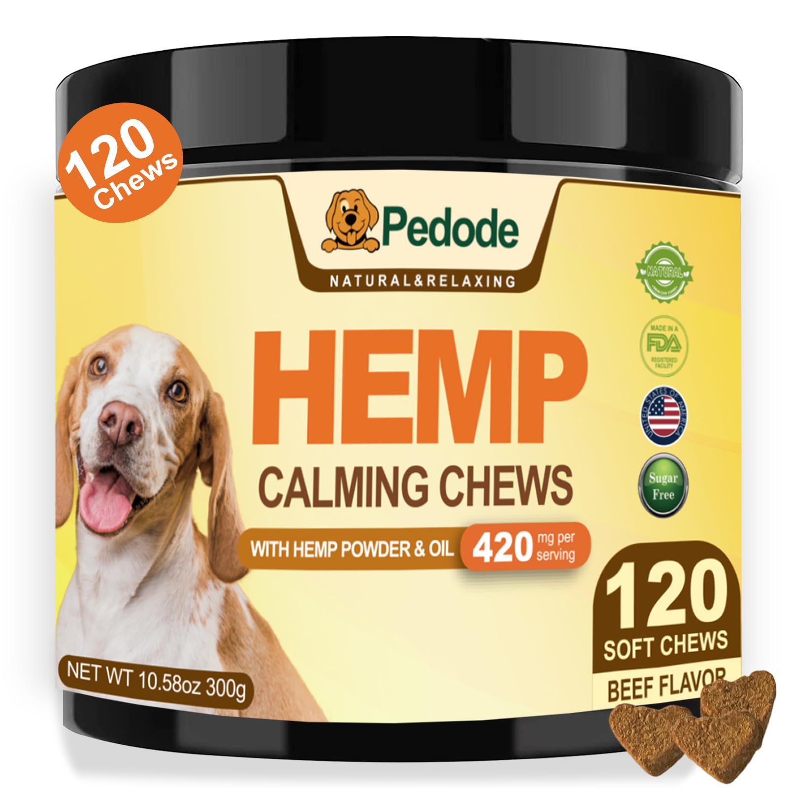 Pedode Hemp Calming Chews for Dogs Help with Dog Anxiety Relief, Stress, Seperation, Barking, Storms, Thunder - Dog Calming Treats - 120 Count - Beef Flavor