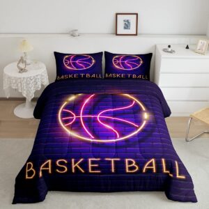 cool basketball bedding set twin, neon ombre basketball comforter set for boys kids teens bedroom, gradient purple black down comforter, sports game bedding comforter sets with 1 pillow sham warm