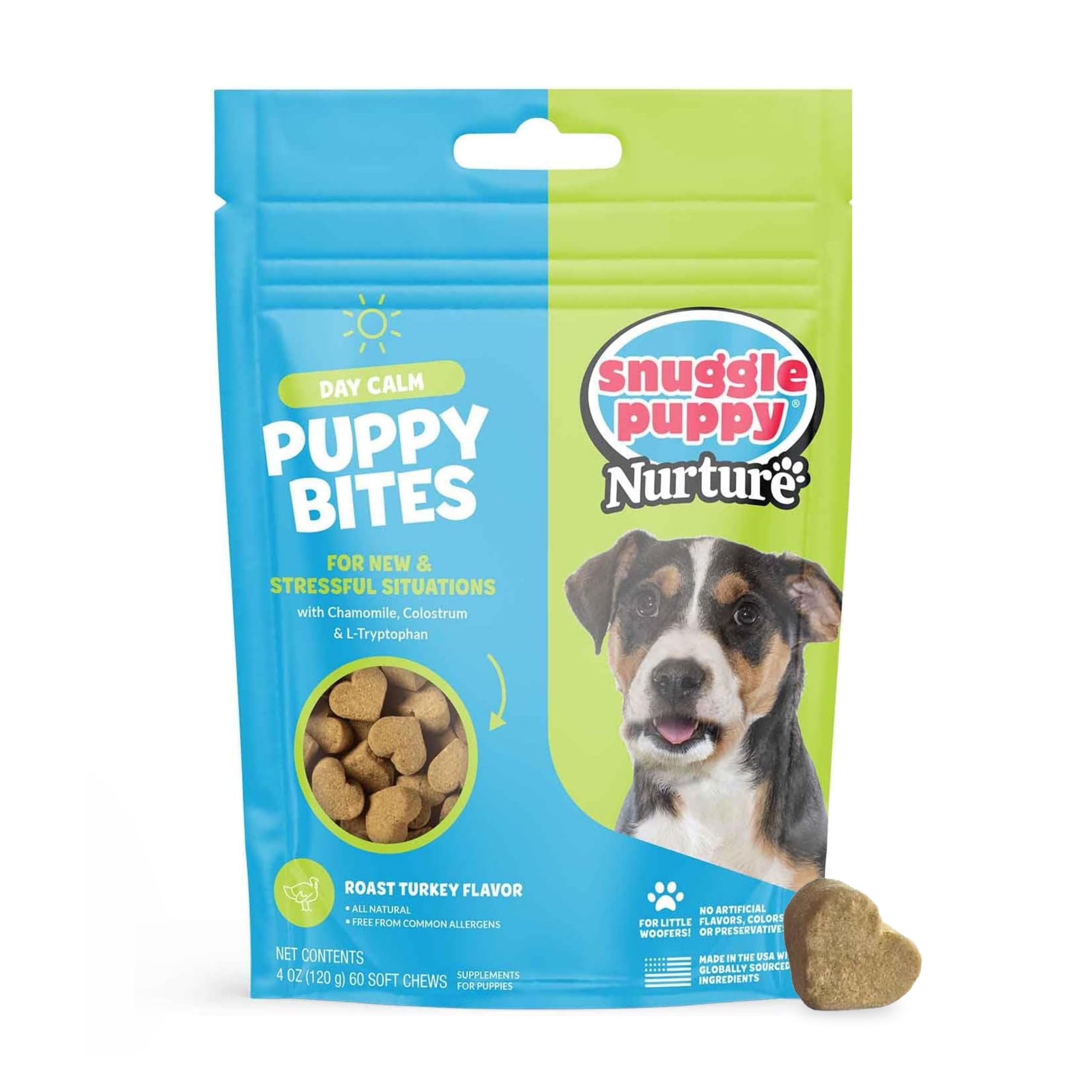 Snuggle Puppy Day Calm Puppy Bites - Calming Chew Bites for Dogs - Dog Supplement to Help with Separation Stress & Relaxation - Puppy Chew Bites with Colostrum, Chamomile & Ashwagandha - 60 Soft Chews