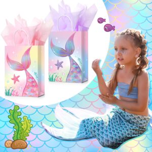 Liliful 16 Pcs Mermaid Birthday Gift Bags with Tissue Paper Mermaids Theme Party Favor Bags Goodie Candy Treat Bags for Birthday Mermaids Themed Decorations