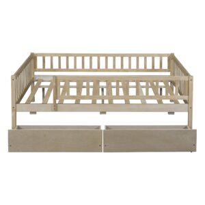 Full Size Bed Frame with Fence Railings and Storage Drawers, Wooden Montessori Style Kids Beds with Slats Support, Dual-use Daybed for Bedroom and Living Room, Natural