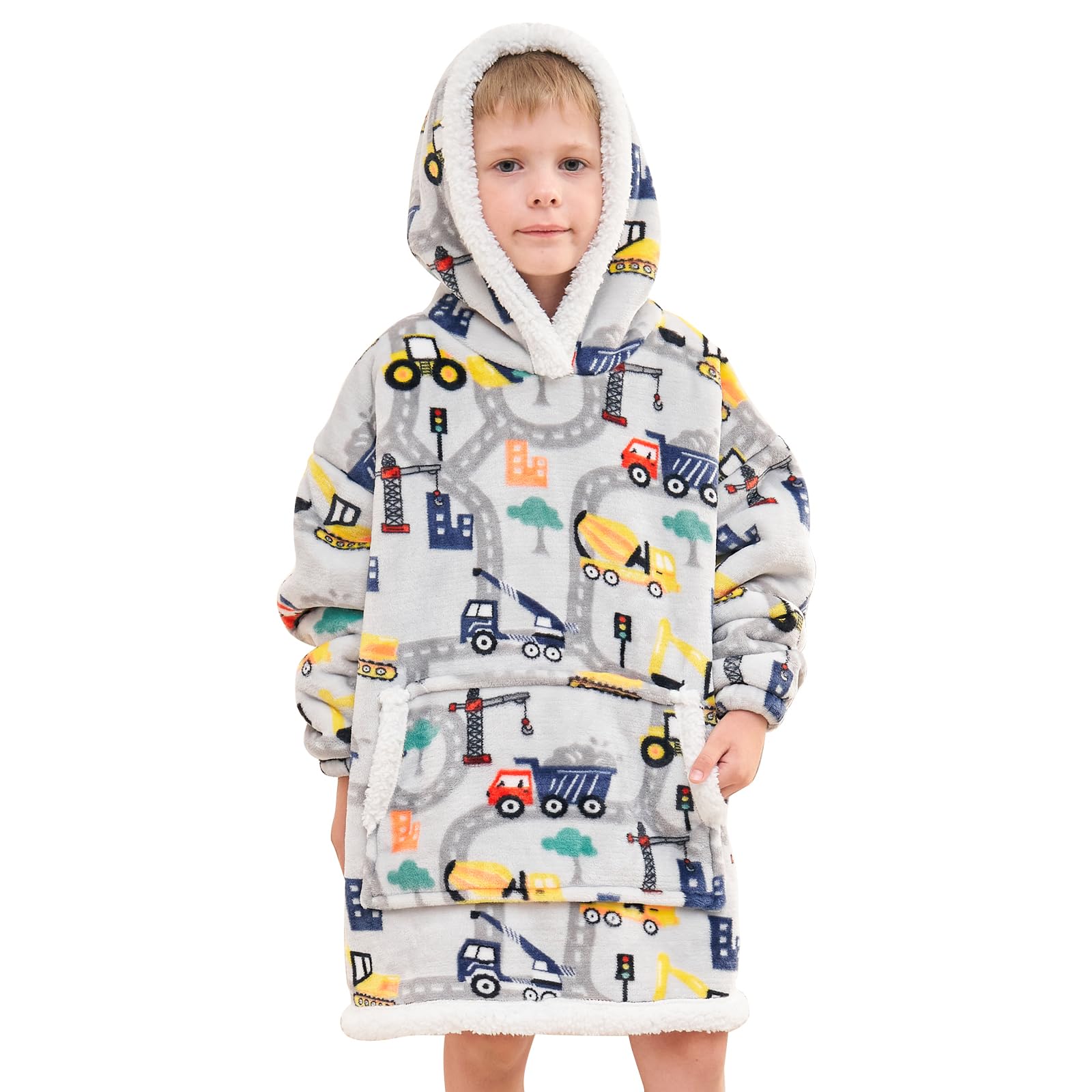 Wearable Blanket Hoodie for Kids, Super Warm and Soft Sherpa Flannel Sweatshirt Blanket with Giant Pocket, Hooded Blanket for 2-6 Year Old Boys Gifts, Construction Truck