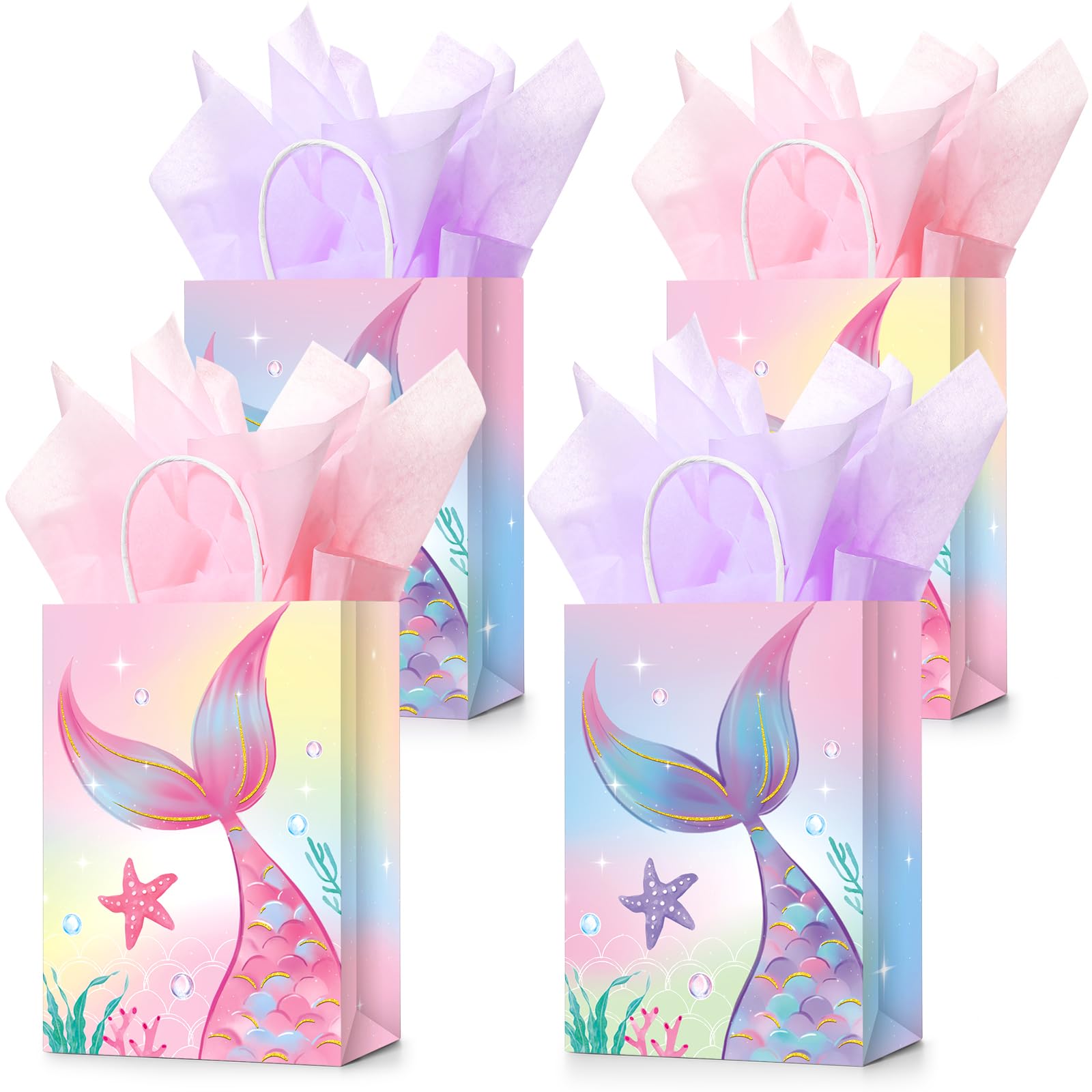 Liliful 16 Pcs Mermaid Birthday Gift Bags with Tissue Paper Mermaids Theme Party Favor Bags Goodie Candy Treat Bags for Birthday Mermaids Themed Decorations