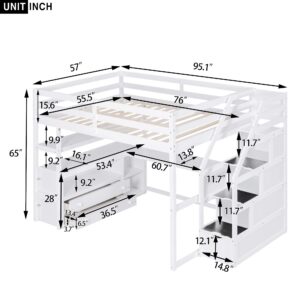 Full Loft Bed with Stairs and Desk, Wood Loft Bed Frame with Storage Cabinet, High Loft Beds with Drawers & Shelf for Kids, Juniors, Teen, Boys, Girls, White