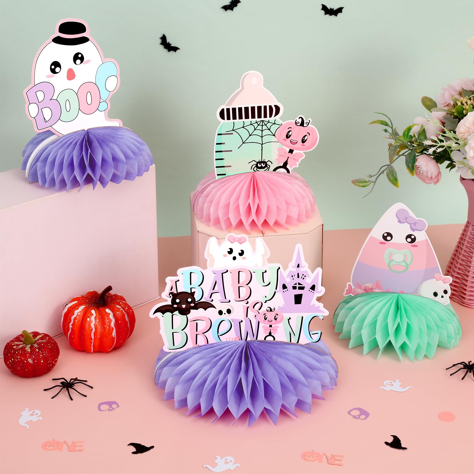 A Baby is Brewing Halloween Baby Shower Decorations - 8 pack Halloween Honeycomb Centerpiece, Pink and Purple Pastel Halloween A Little Boo is Almost Due Baby Shower Decorations for Girl