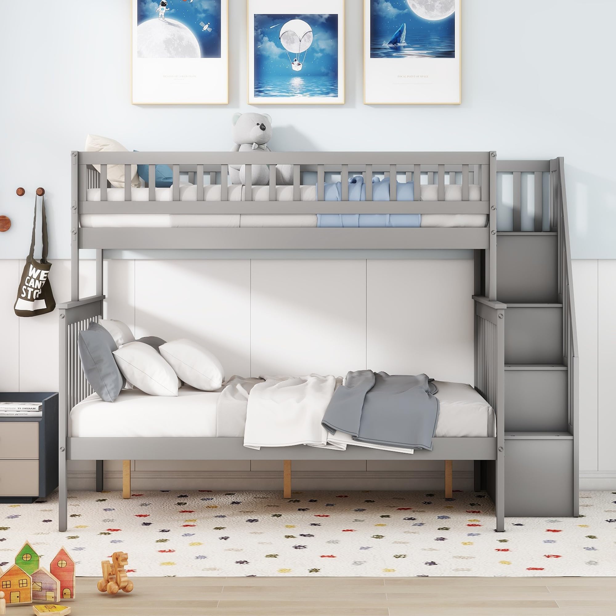 CITYLIGHT Twin Over Full Bunk Beds with Stairs, Wood Bunk Bed with Storage and Guard Rails,Stairway Bunk Beds Twin Over Full Size for Kids, Bedroom, Dorm, Teens, Adults,Grey