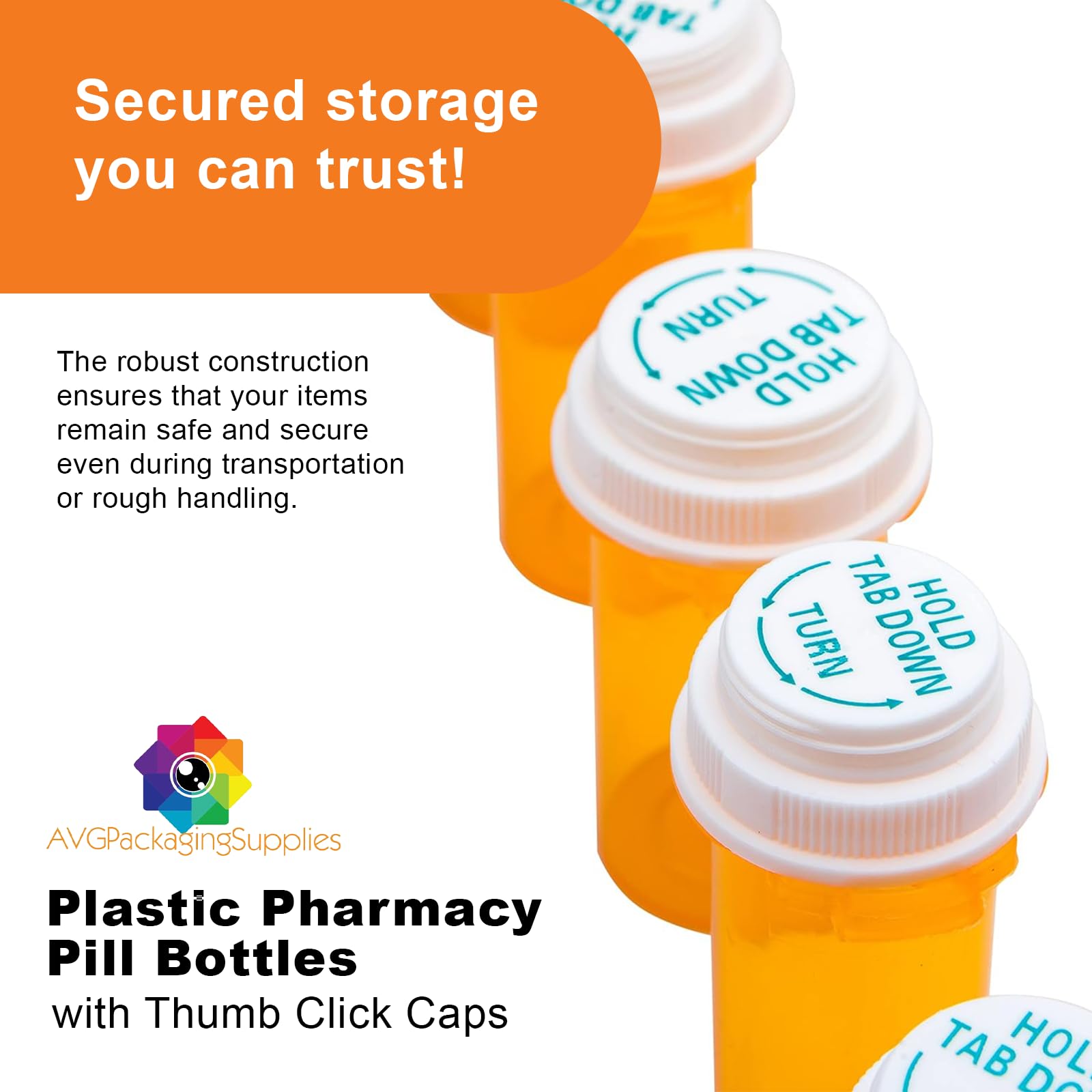 AVG Packaging Supplies Plastic Pharmacy Craft Pill Containers with Thumb Click Caps - Reversible Empty Perscription Bottles Prescription, 13 Dram Vials (50ct)