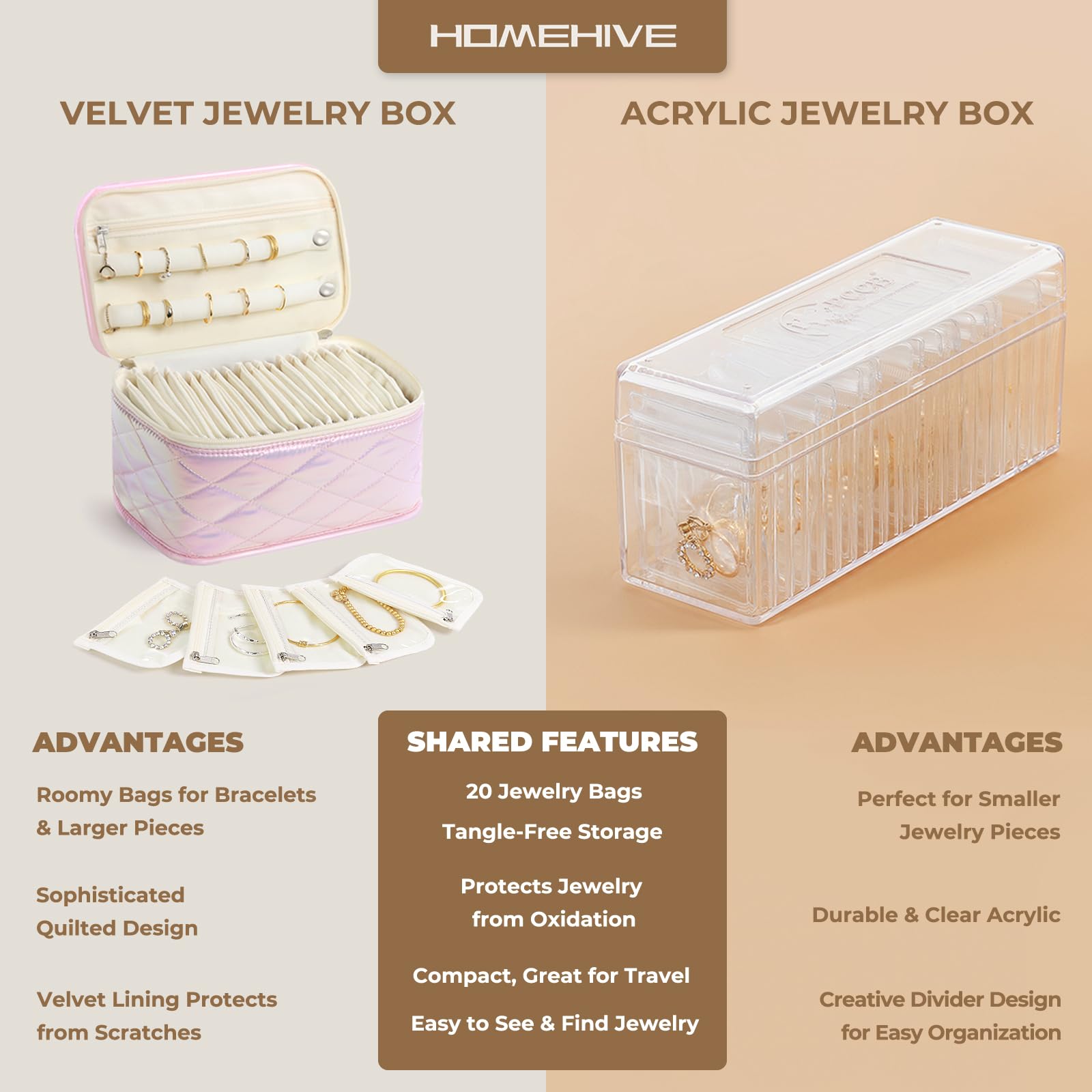 HOMEHIVE Acrylic Jewelry Box Organizer, Clear Jewelry Organizer and Storage with 20 Portable Anti Tarnish Jewelry bags, Travel Jewelry Case for Earrings/Rings/Necklaces Gift for Women Girls, Clear