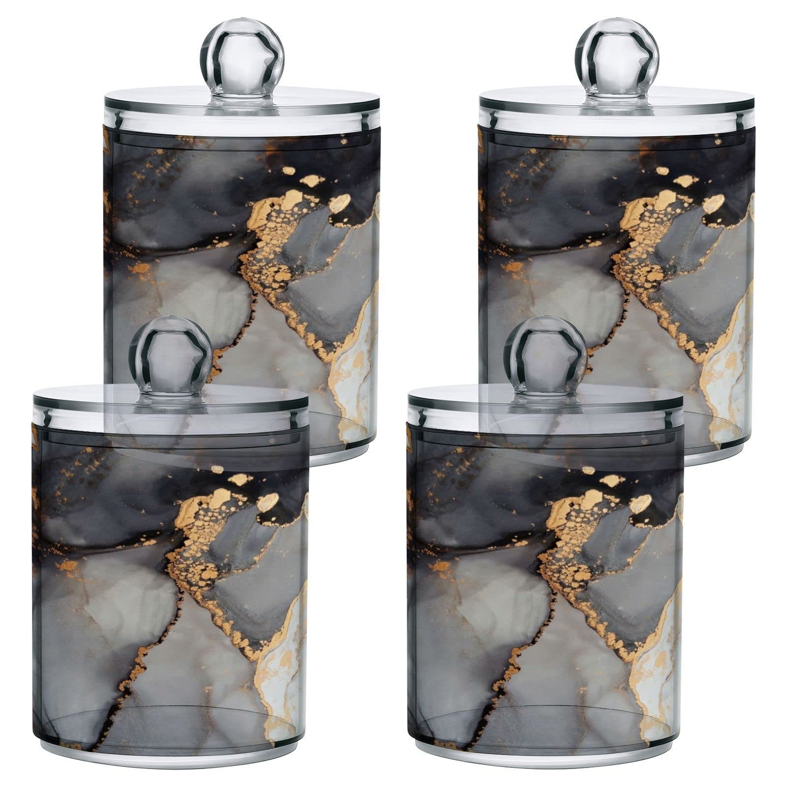 Gredecor 4 Pack Marble Decorative Apothecary Jars Marbled Blue and Golden Abstract Background Qtip Holder Organizer Clear Canister for Cotton Swabs Storage Acrylic Plastic Jar with Lids