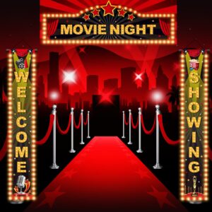 3 Pieces Light Movie Night Porch Sign Banner LED Movie Theme Party Decorations Movie Theater Welcome Now Showing Lights Camera Action Hanging Porch Sign for Home Film Backdrop Party Supplies