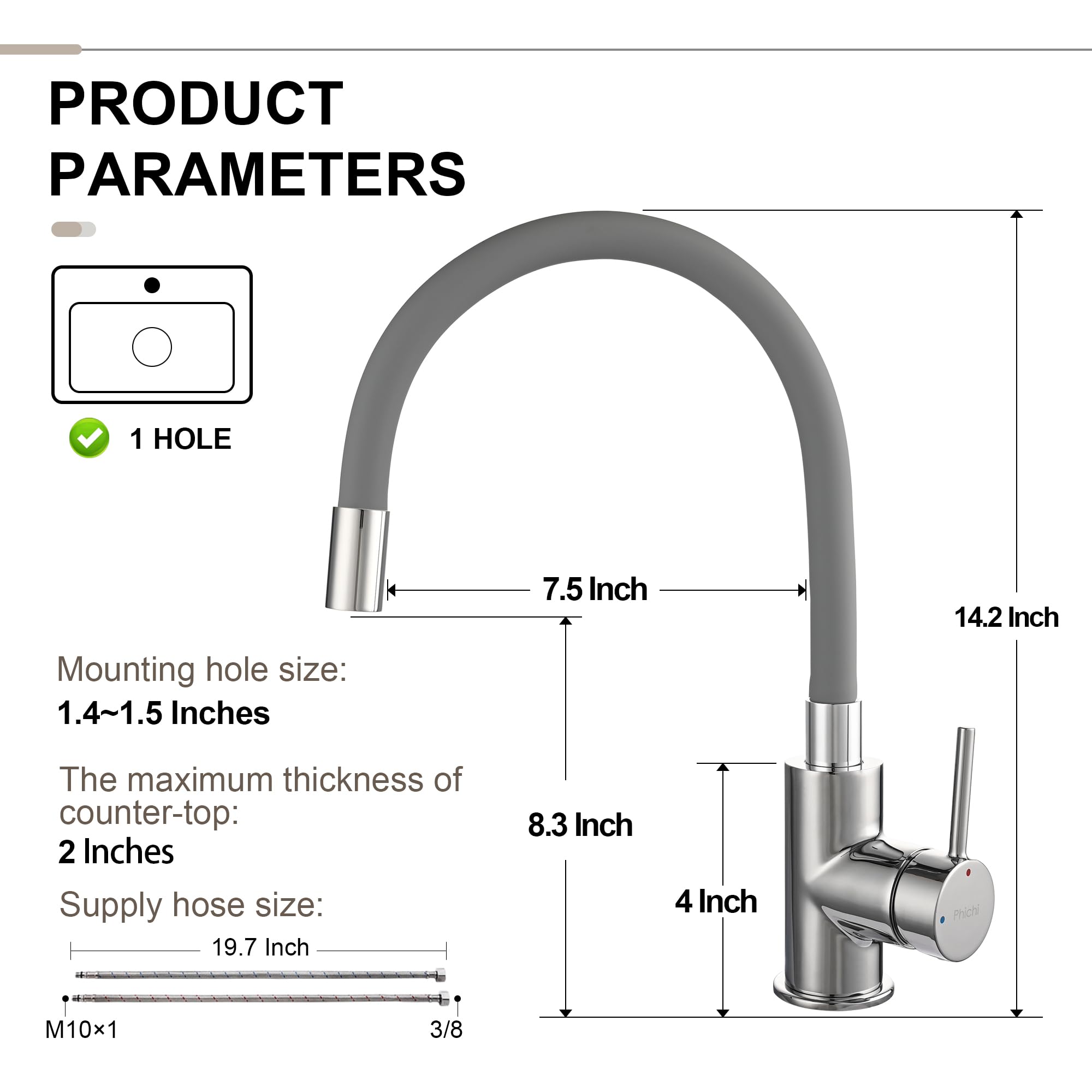 PHICHI Pull Out Kitchen Sink Faucet, 360° Free Bending Kitchen Faucet, Adjustable Sink Kitchen Faucet,Hot and Cold Kitchen Faucet, Universal Foaming Pipe,Grey