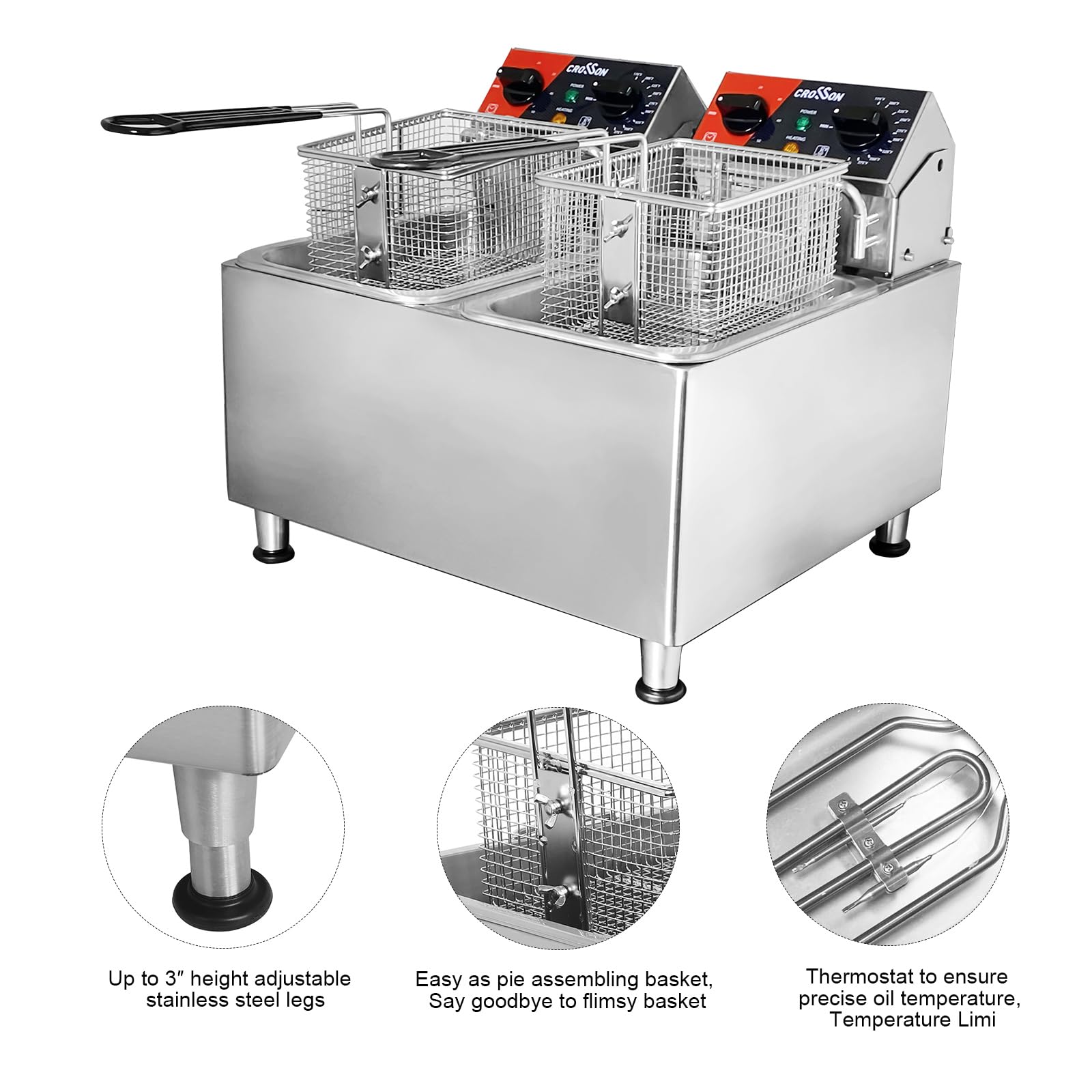 CROSSON 20Lbs Dual Tank Electric Deep Fryer with Rotary fryer head,30 Minitues Timer,Removable 304 SS Oil Tank with Handle,9L Countertop Deep Fryer for Home Use