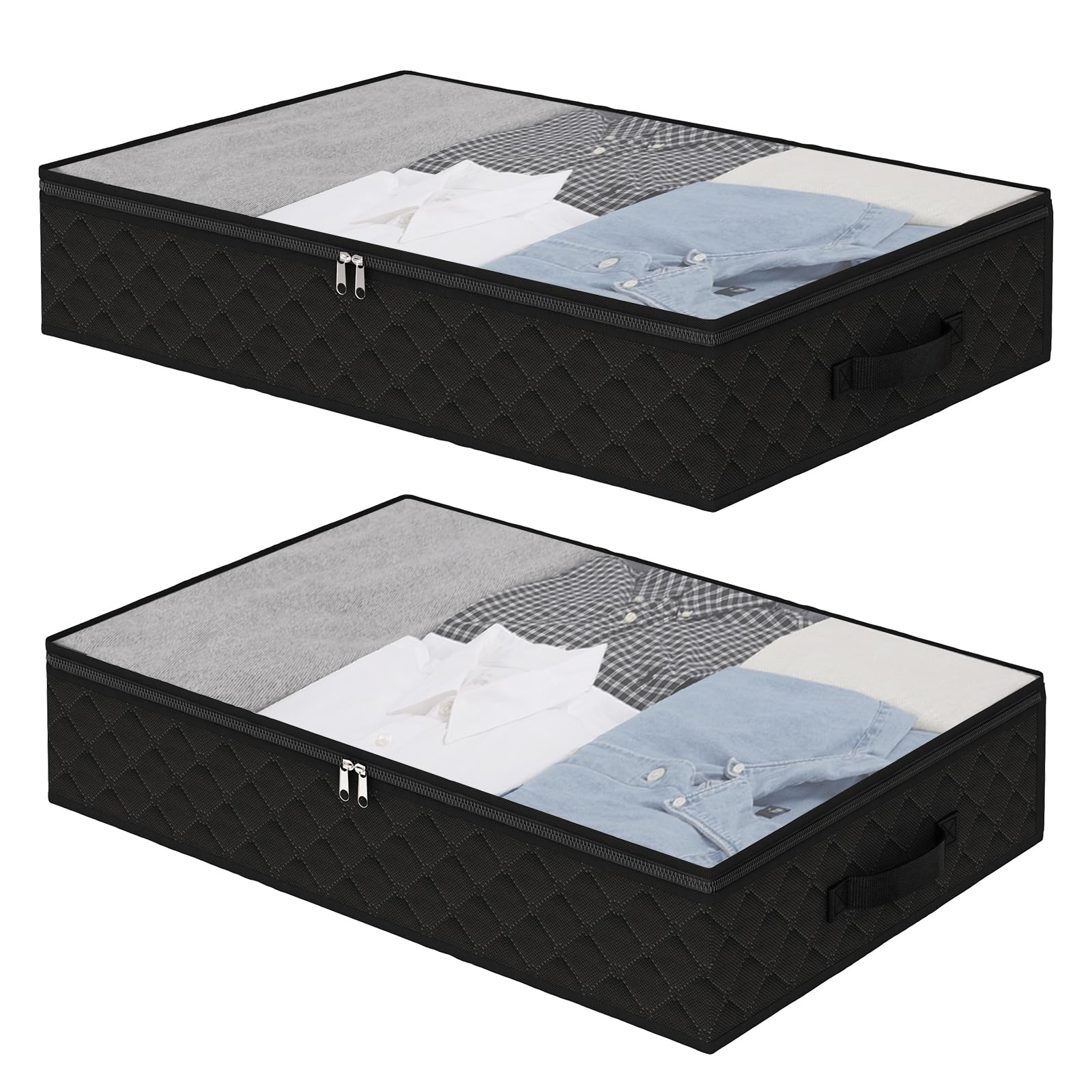 Fixwal Black Underbed Storage Bags with Clear Window and 2 Reinforced Handles Under Bed Storage Containers for Clothing, Bedding, Comforter (2 Pack)