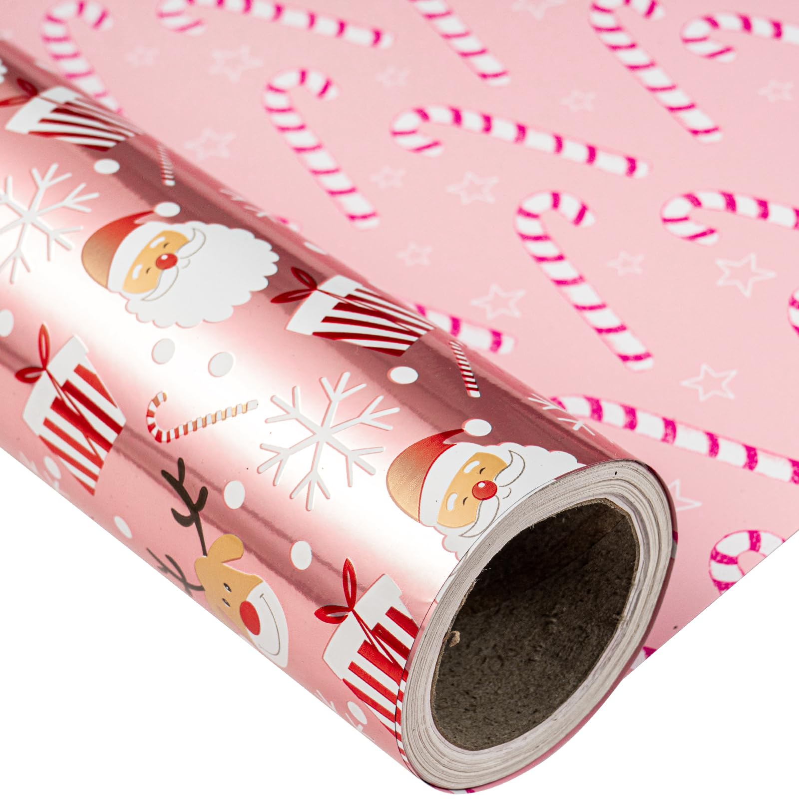 LeZakaa Reversible Christmas Wrapping Paper - Jumbo Roll - Santa Claus & Candy Cane with Metallic Foil in Pink - 24 inches x 100 Feet (200 sq.ft.)