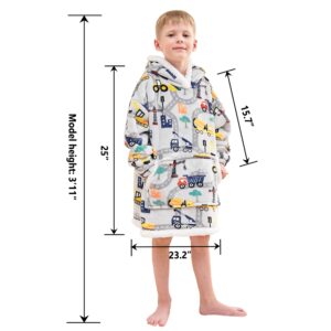 Wearable Blanket Hoodie for Kids, Super Warm and Soft Sherpa Flannel Sweatshirt Blanket with Giant Pocket, Hooded Blanket for 2-6 Year Old Boys Gifts, Construction Truck