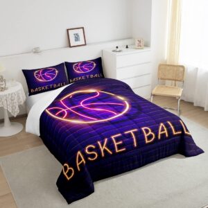 Cool Basketball Bedding Set Twin, Neon Ombre Basketball Comforter Set for Boys Kids Teens Bedroom, Gradient Purple Black Down Comforter, Sports Game Bedding Comforter Sets with 1 Pillow Sham Warm