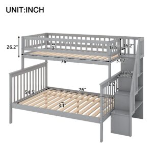 CITYLIGHT Twin Over Full Bunk Beds with Stairs, Wood Bunk Bed with Storage and Guard Rails,Stairway Bunk Beds Twin Over Full Size for Kids, Bedroom, Dorm, Teens, Adults,Grey