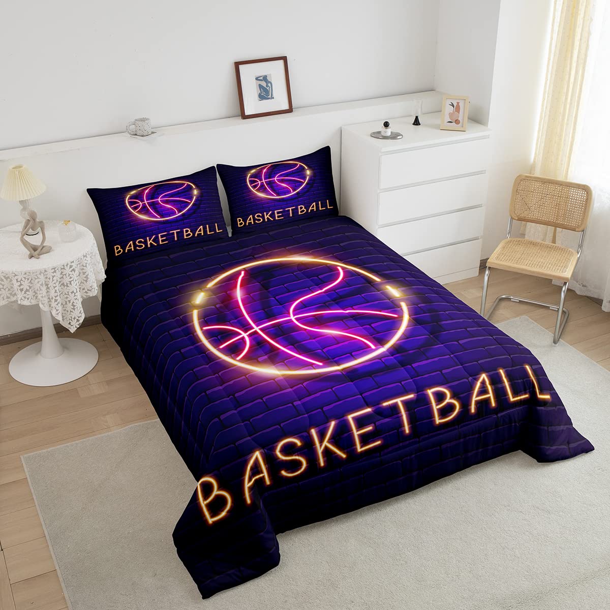 Cool Basketball Bedding Set Twin, Neon Ombre Basketball Comforter Set for Boys Kids Teens Bedroom, Gradient Purple Black Down Comforter, Sports Game Bedding Comforter Sets with 1 Pillow Sham Warm