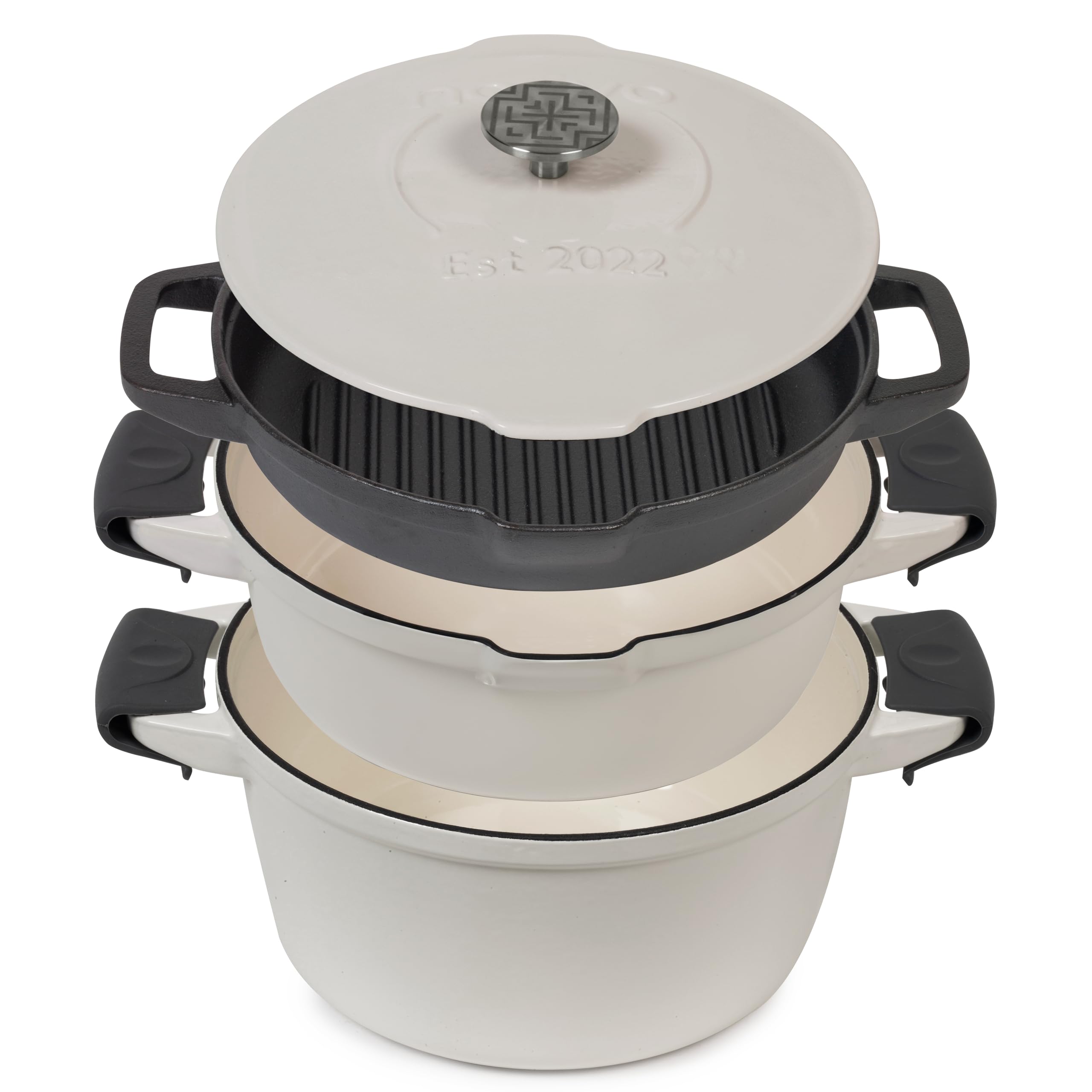 NATIVO 5pc Stackable Cast Iron Cookware Set, Versatile Enamel Dutch Oven, Seasoned Grill Pan & Enamel Braiser with Precision Pour Spouts, Universal Lid, Included Spacers/Handle Holders, White Dutch